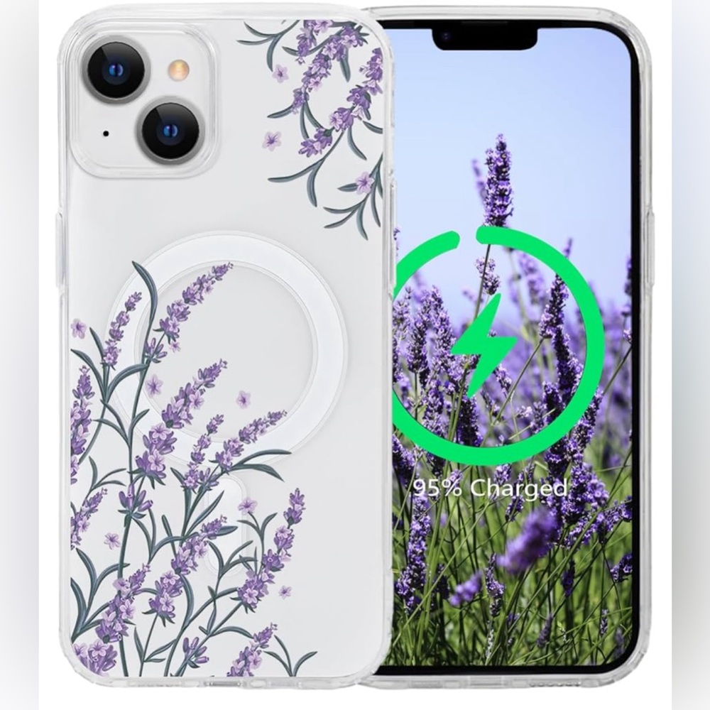 iPhone 14 Flower Magnetic Case, MagSafe Compatible, Shockproof, Lavender